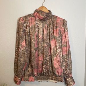 Vintage floral blouse exaggerated shoulder pads and pleated neckline